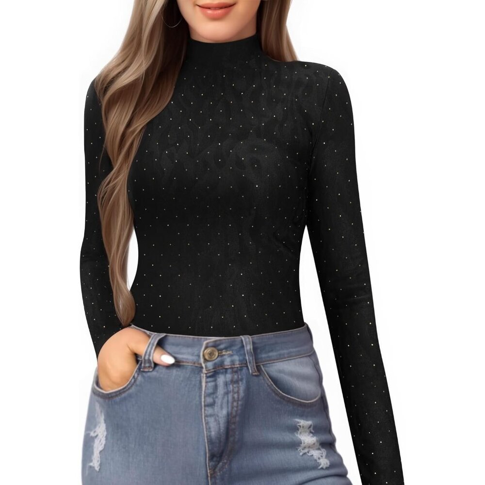 Women's Slim Fit Mock Turtle Neck Top Nylon Elastane Short Long Sleeve
